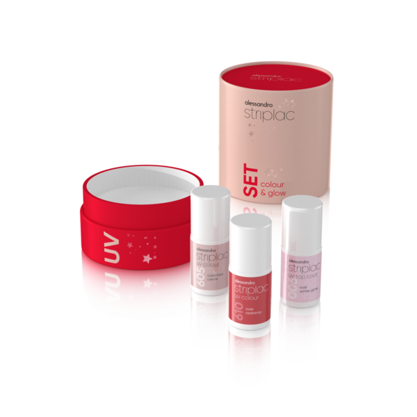 Alessandro Striplac Colour & Glow – ein tolles Set mit einem glänzenden Überlack sowie einer rosa und einer roten Striplac-Farbe – gerade total im Trend – 3 Stück
