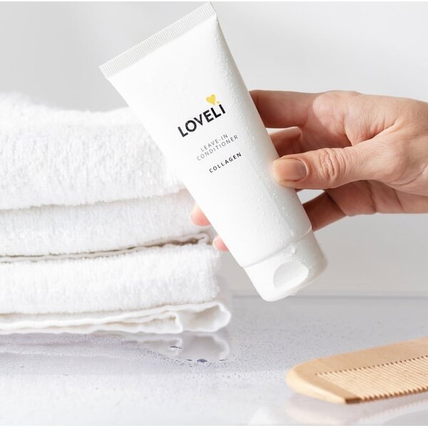 Loveli Leave-in-Conditioner mit Kollagen – lass diesen Conditioner nach dem Waschen einfach im Haar einwirken, und schon nach ein paar Tagen sieht dein Haar deutlich besser aus! Conditioner mit Kollagen  100 ml
