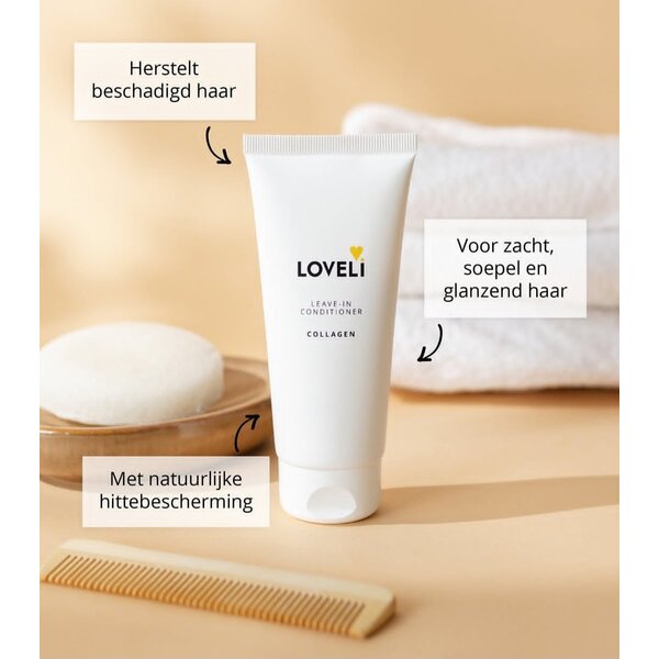 Loveli Leave-in-Conditioner mit Kollagen – lass diesen Conditioner nach dem Waschen einfach im Haar einwirken, und schon nach ein paar Tagen sieht dein Haar deutlich besser aus! Conditioner mit Kollagen  100 ml