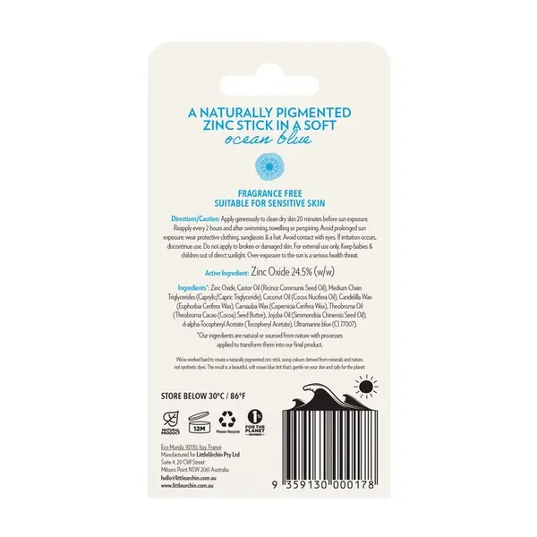 Little Urcrin Natural Blue Coloured Zinc Stick  SPF 50+ - blauw getinte zonnebrand stick - gemakkelijk mee te nemen 14gr