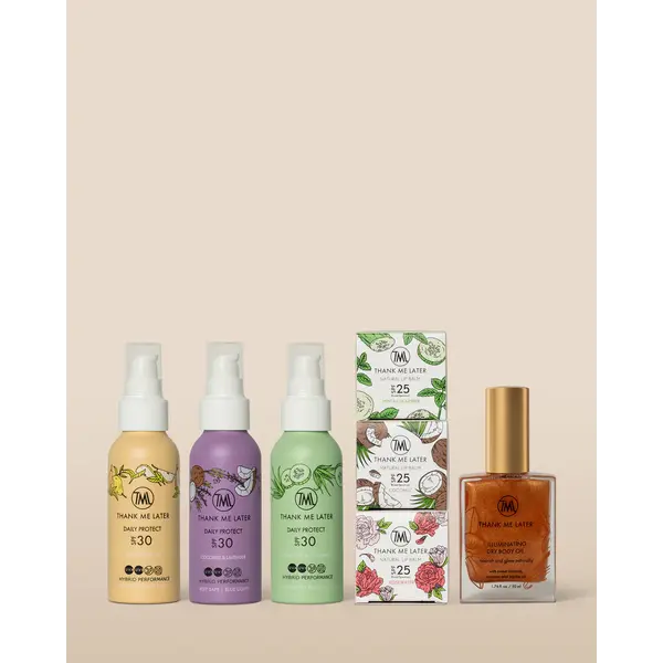 Thank Me Later Vorteilsset Großes Vorteilsset mit Sonnencreme, schimmerndem Trockenöl und Lippenbalsam mit LSF