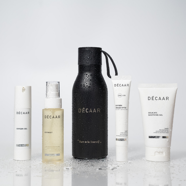Decaar  Transision Ritual Set - cadeauset met zonbescherming, oxygengel, Oxygenmist, soothinggel, luxetas en waterfles voor warme en koude dranken
