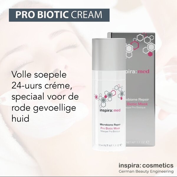 Inspira Med Pro Biotic Redness reducer SPF 50 - camoufleert de rode huid bij rosacea, couperose en snel geirriteerde huid. Het camoufleert niet alleen de huid, maar het is ook sterkt kalmeren, vermindert roodheid en hydrateert de huid intensief. 30ml