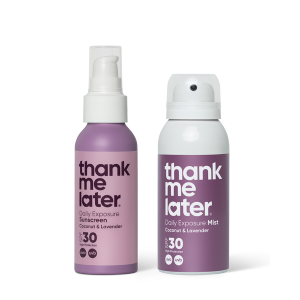 Thank Me Later Sonnencreme LSF 30 Kokos & Lavendel  – DUO  –  Creme und Spray – Sonnenschutz für Erwachsene und Kinder