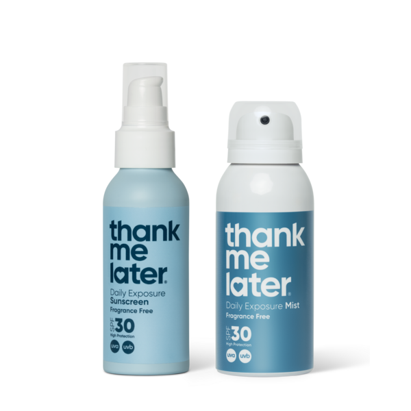 Thank Me Later Sonnencreme LSF 30, parfümfrei, DUO – Creme und Spray  – Sonnenschutz für Erwachsene und Kinder