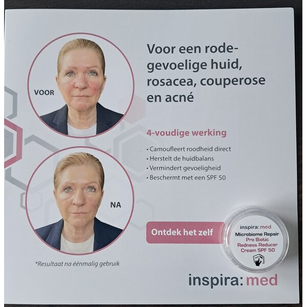Inspira Med Pro Biotic Redness reducer SPF 50 - camoufleert de rode huid bij rosacea, couperose en snel geirriteerde huid. Het camoufleert niet alleen de huid, maar het is ook sterkt kalmeren, vermindert roodheid en hydrateert de huid intensief. 30ml - Copy