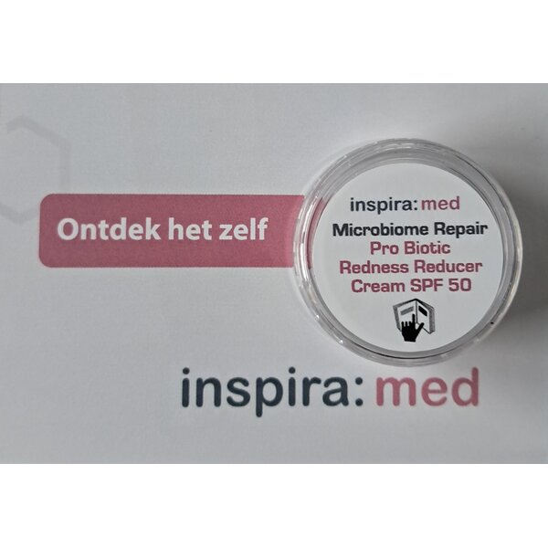 Inspira Med Pro Biotic Redness reducer SPF 50 - camoufleert de rode huid bij rosacea, couperose en snel geirriteerde huid. Het camoufleert niet alleen de huid, maar het is ook sterkt kalmeren, vermindert roodheid en hydrateert de huid intensief. 30ml - Copy