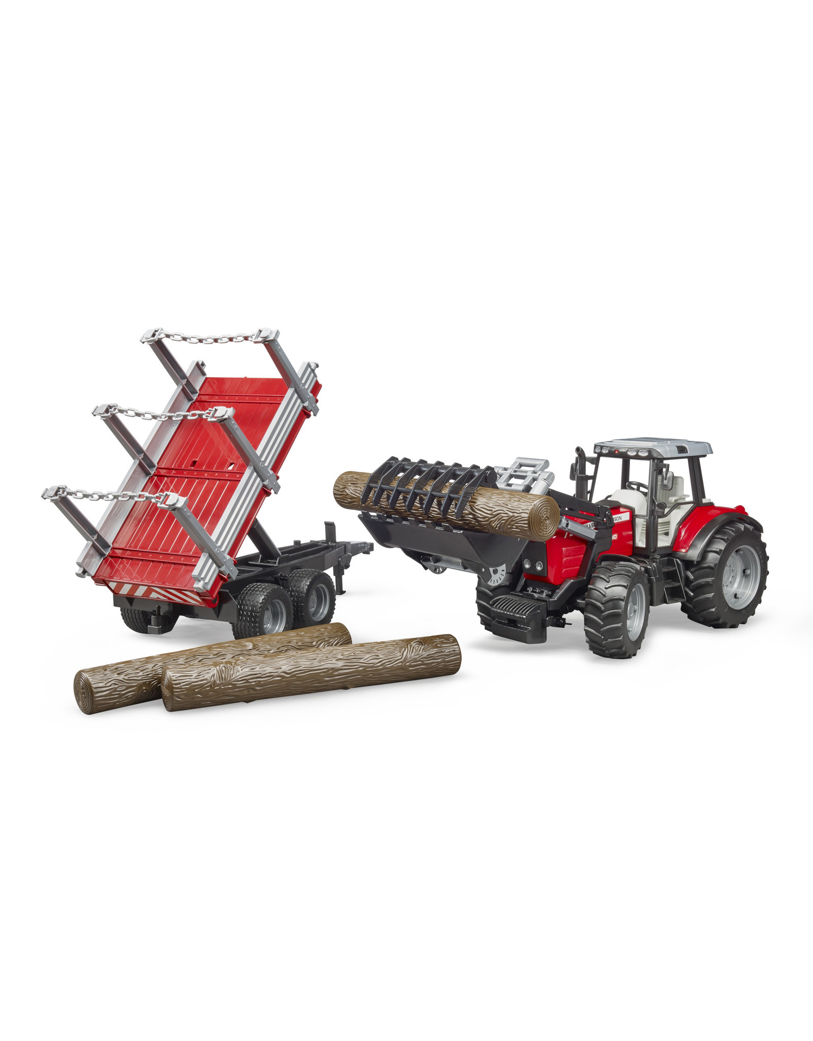 Bruder Bruder 02046 Massey Ferguson 7480 met Voorlader en Houtaanhanger