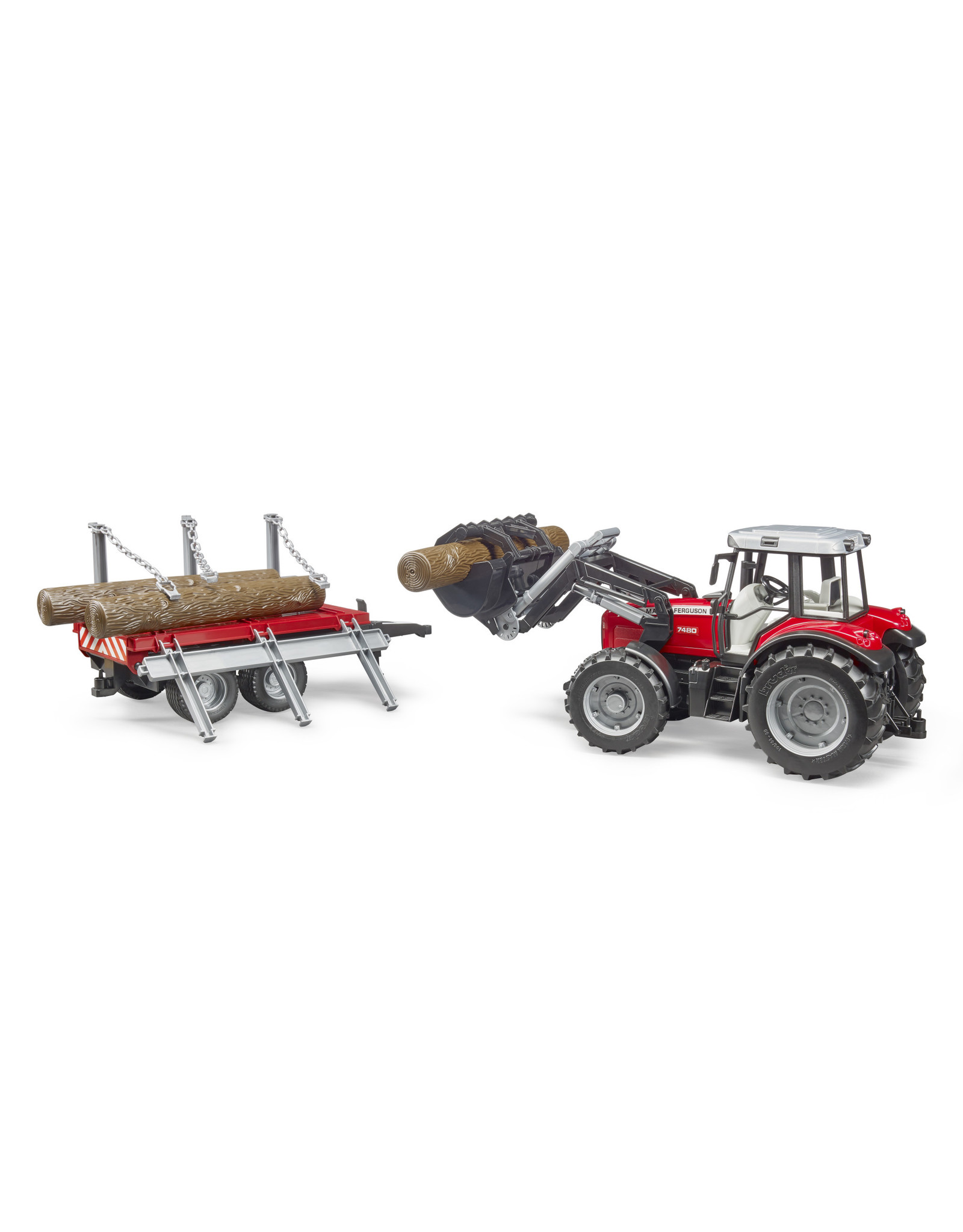 Bruder Bruder 02046 Massey Ferguson 7480 met Voorlader en Houtaanhanger