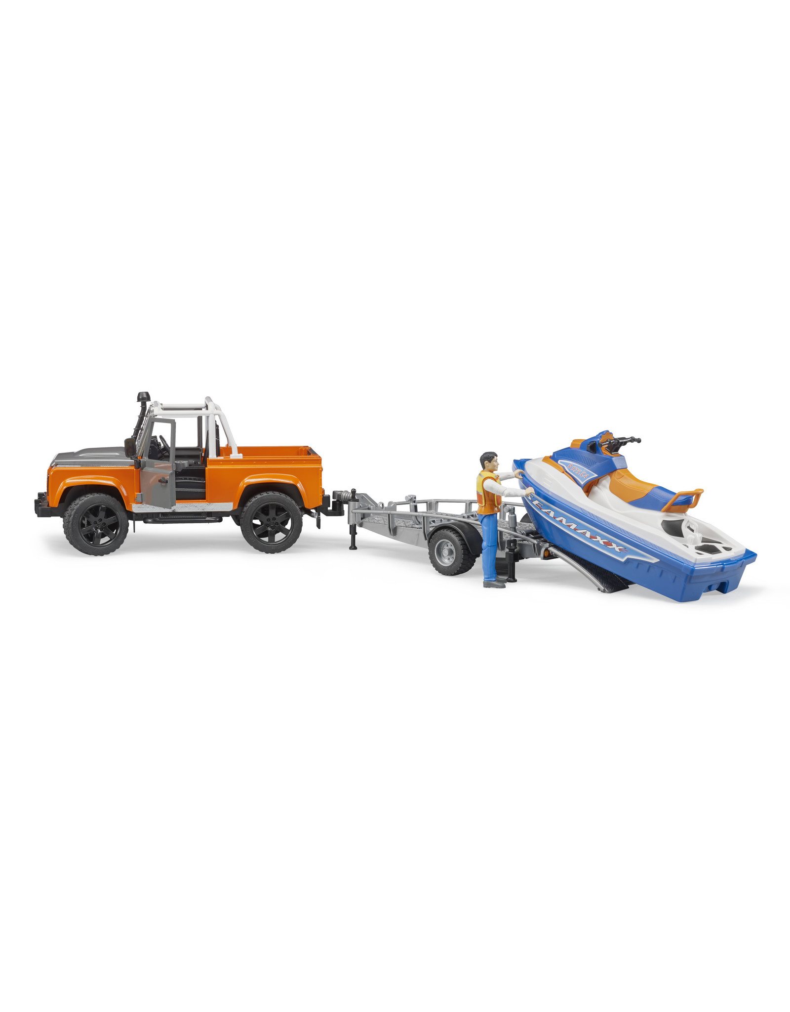 Bruder Bruder 02599 Land Rover Defender Pick-Up met Aanhanger, Waterscooter en Bestuurder (1:16)