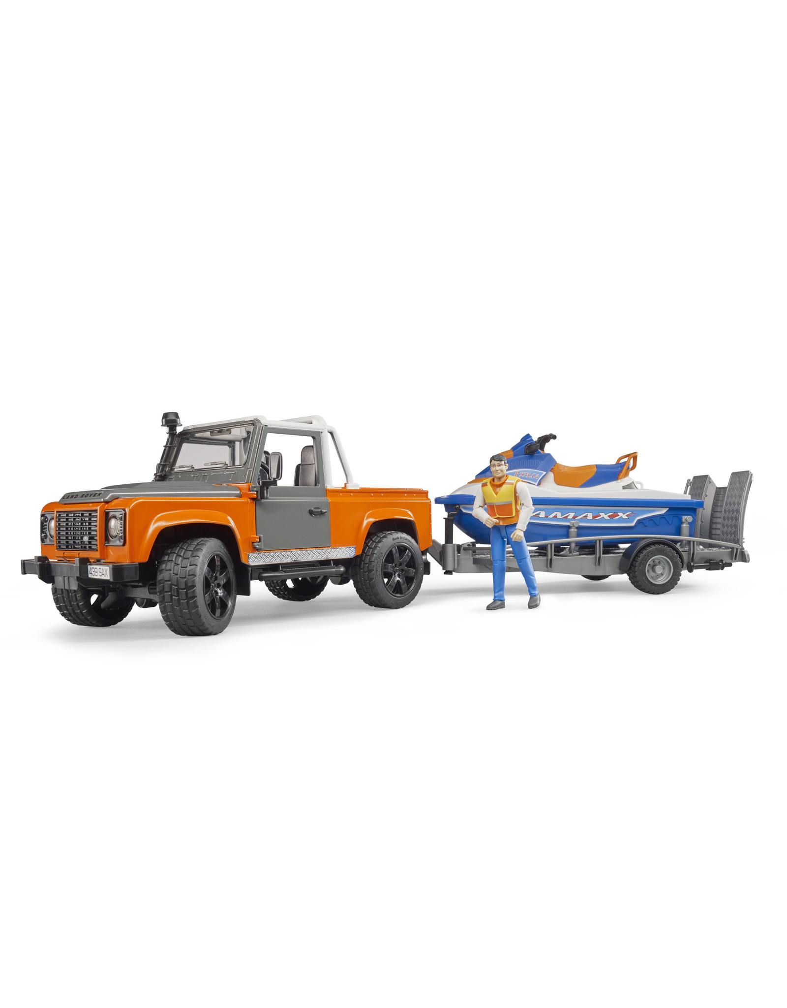 Bruder Bruder 02599 Land Rover Defender Pick-Up met Aanhanger, Waterscooter en Bestuurder (1:16)