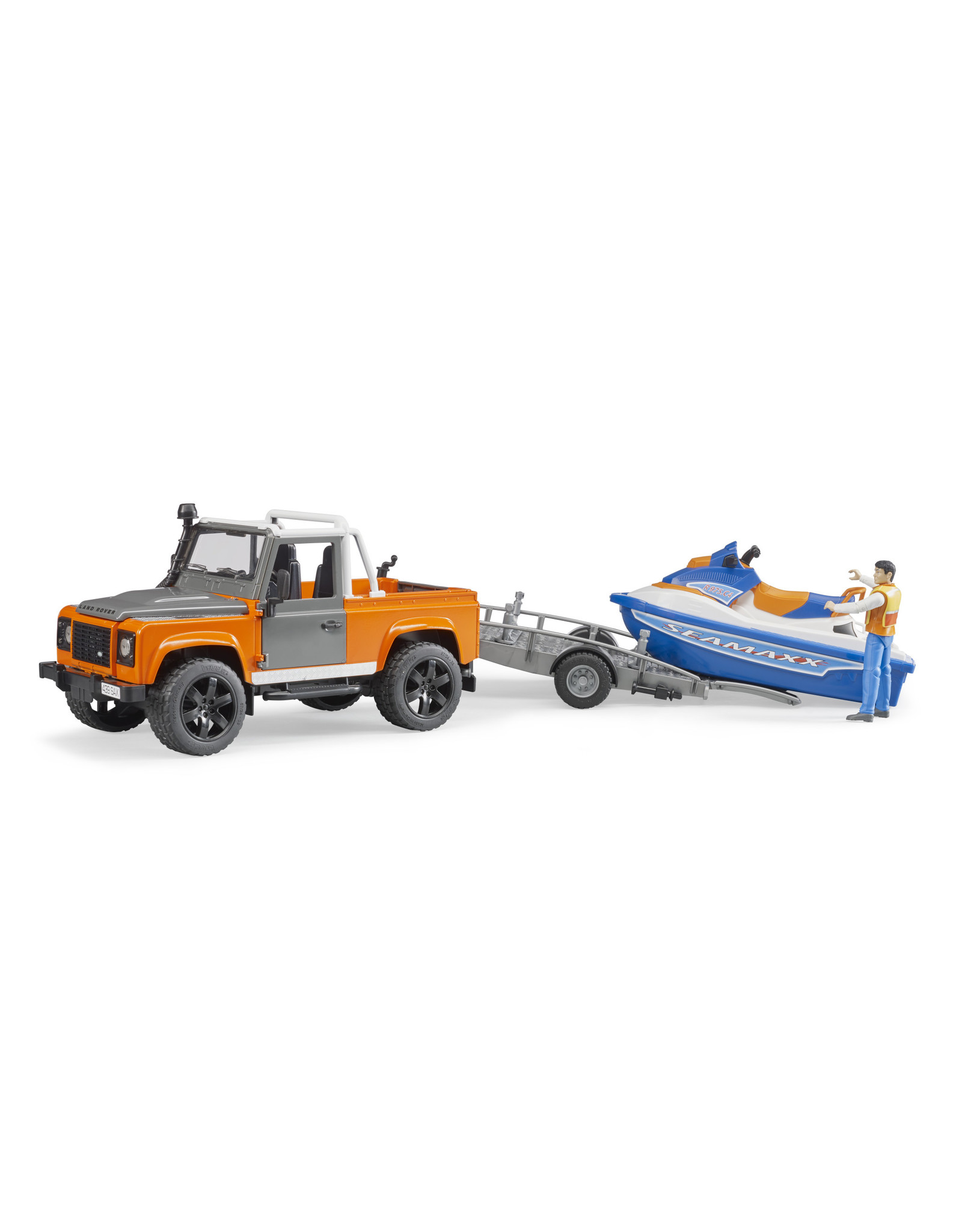 Bruder Bruder 02599 Land Rover Defender Pick-Up met Aanhanger, Waterscooter en Bestuurder (1:16)