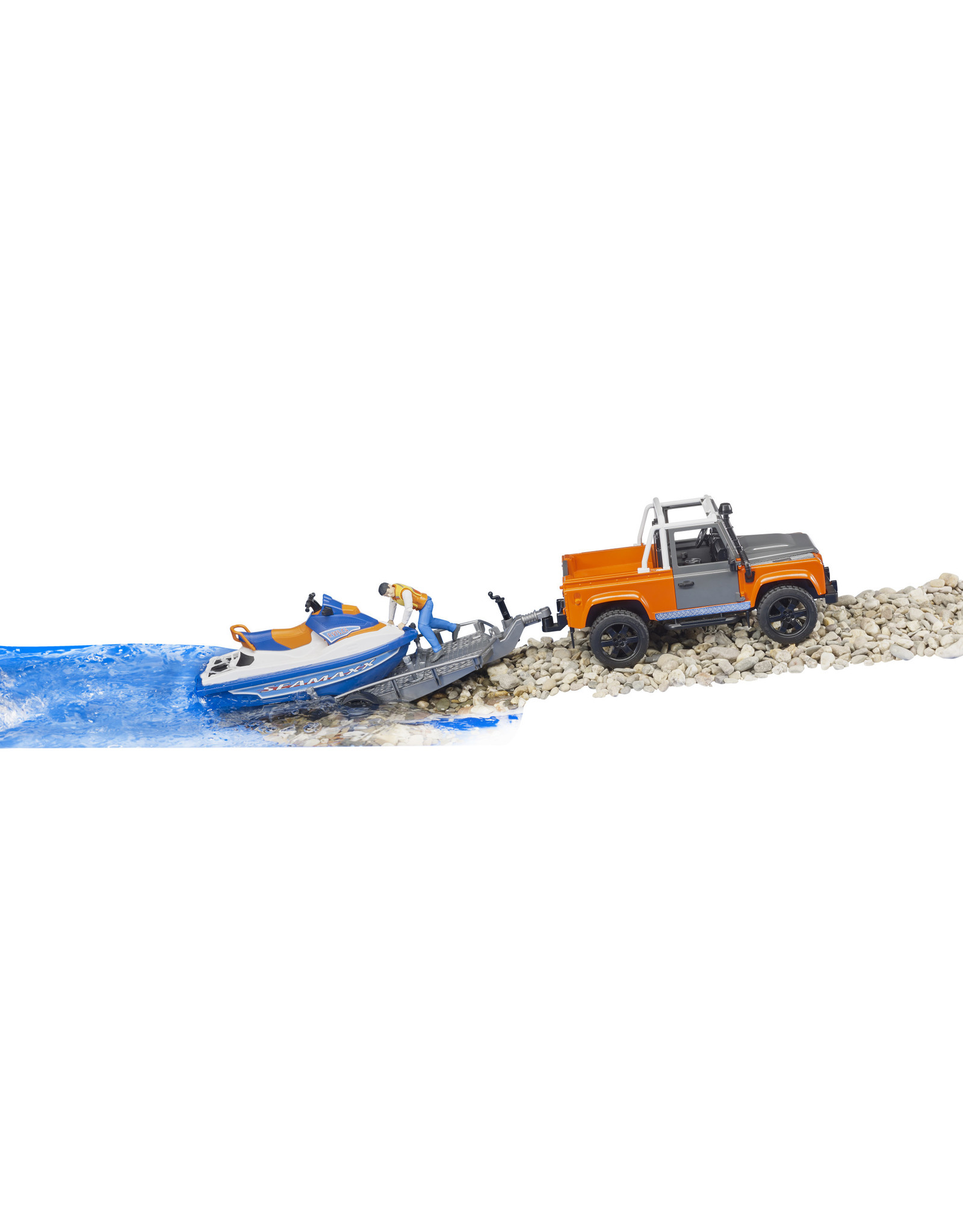 Bruder Bruder 02599 Land Rover Defender Pick-Up met Aanhanger, Waterscooter en Bestuurder (1:16)