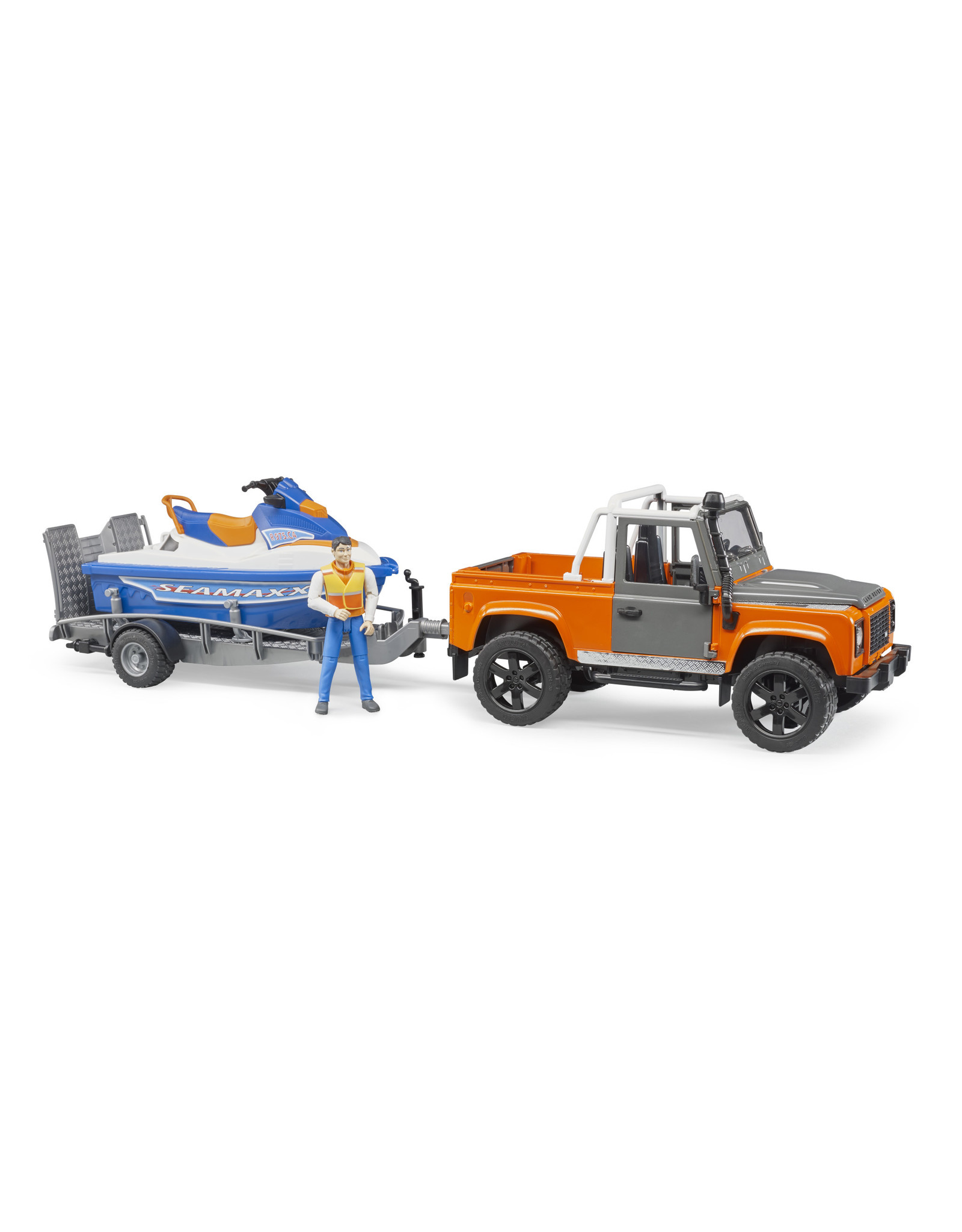 Bruder Bruder 02599 Land Rover Defender Pick-Up met Aanhanger, Waterscooter en Bestuurder (1:16)