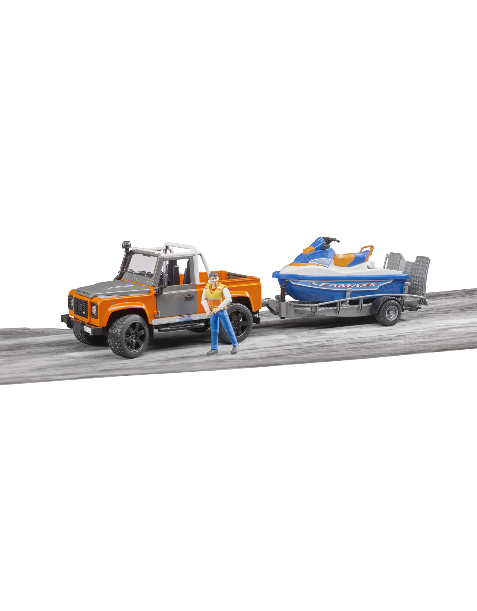 Bruder Bruder 02599 Land Rover Defender Pick-Up met Aanhanger, Waterscooter en Bestuurder (1:16)