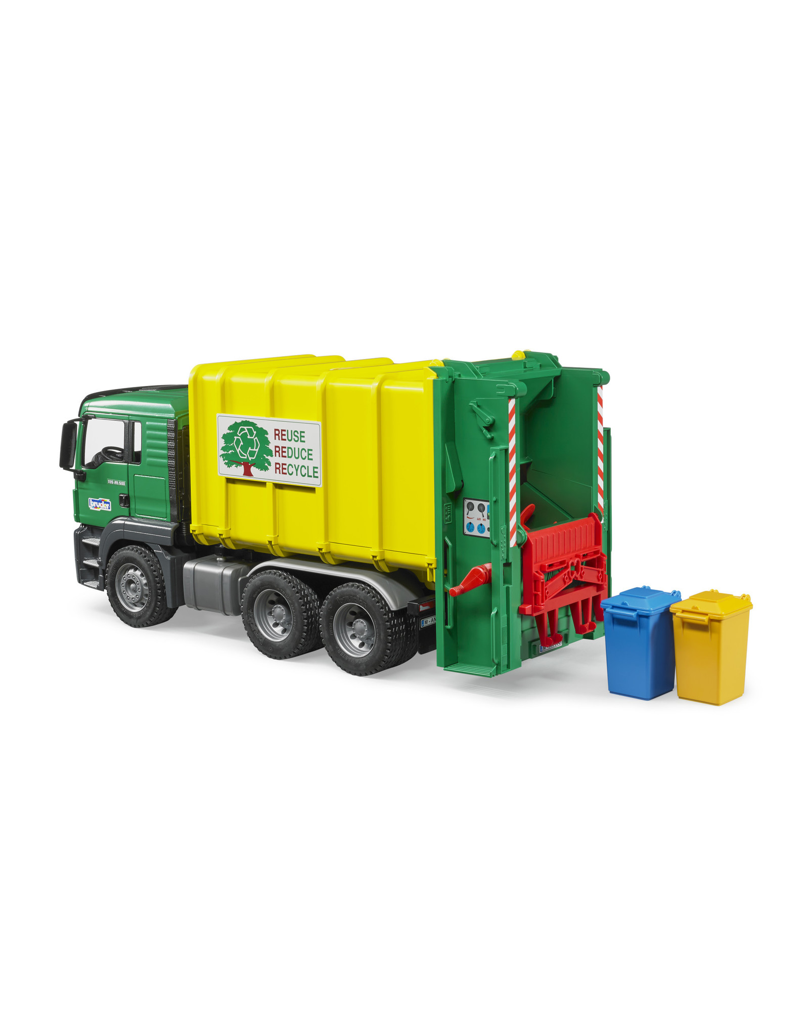 Bruder Bruder 03764 MAN TGS Vuilniswagen met Achterlader, Geel/Groen (1:16)