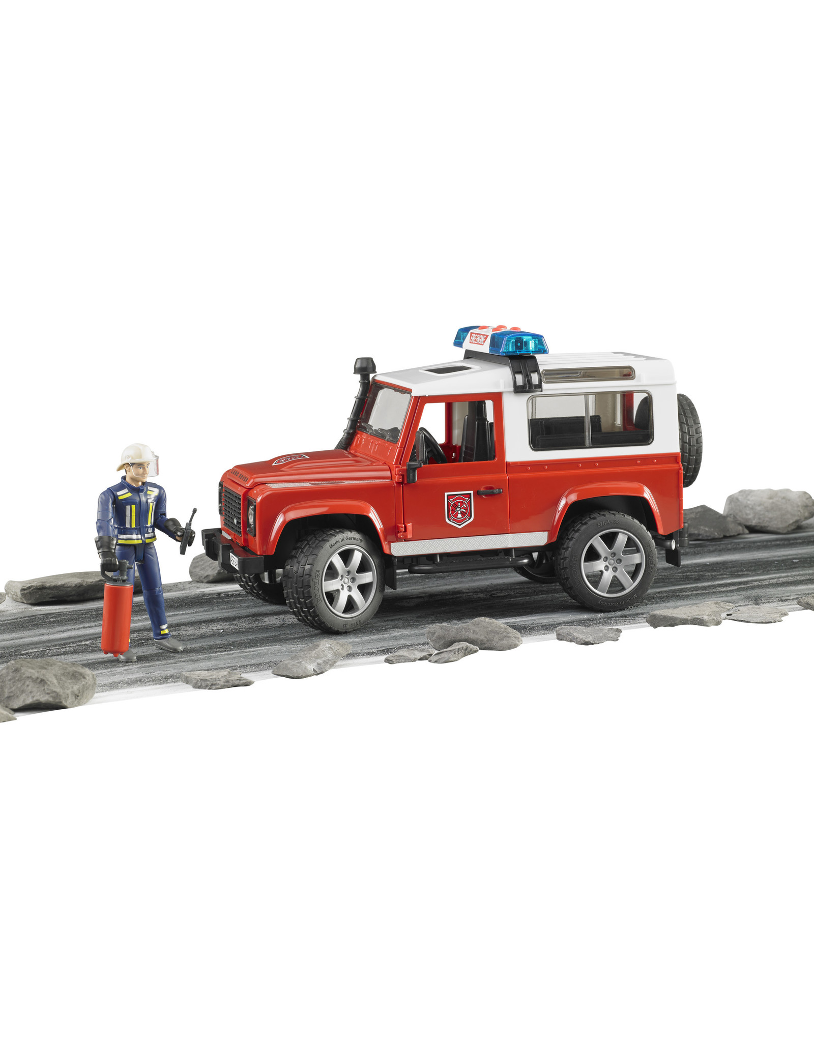 Bruder Bruder 02596 Land Rover Defender Brandweerauto met Brandweerman (1:16) + Licht- en Geluidsmodule