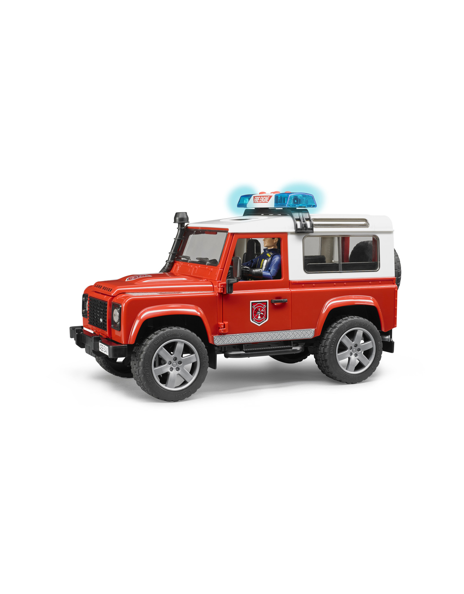 Bruder Bruder 02596 Land Rover Defender Brandweerauto met Brandweerman (1:16) + Licht- en Geluidsmodule