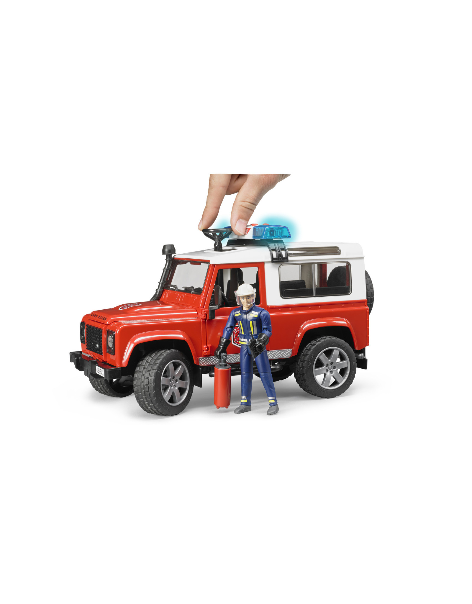 Bruder Bruder 02596 Land Rover Defender Brandweerauto met Brandweerman (1:16) + Licht- en Geluidsmodule