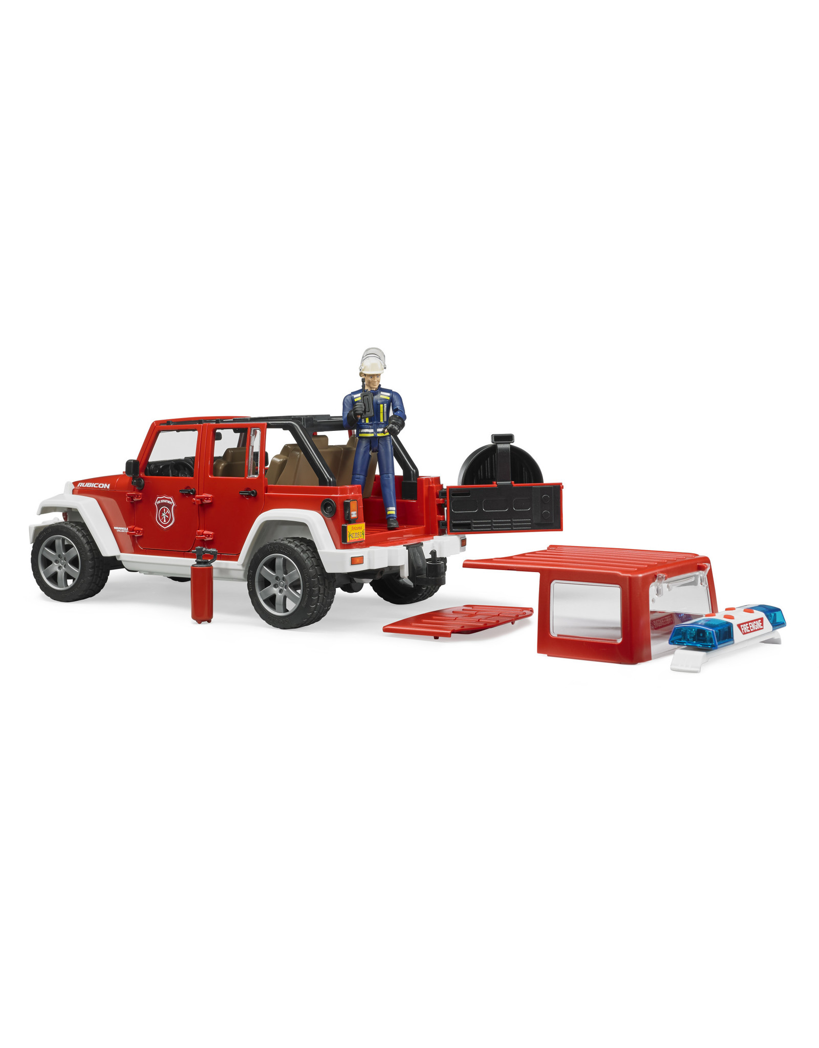 Bruder Bruder 02528 Jeep Wrangler Unlimited Rubicon Brandweerauto met Brandweerman (1:16) + Licht- en Geluidsmodule