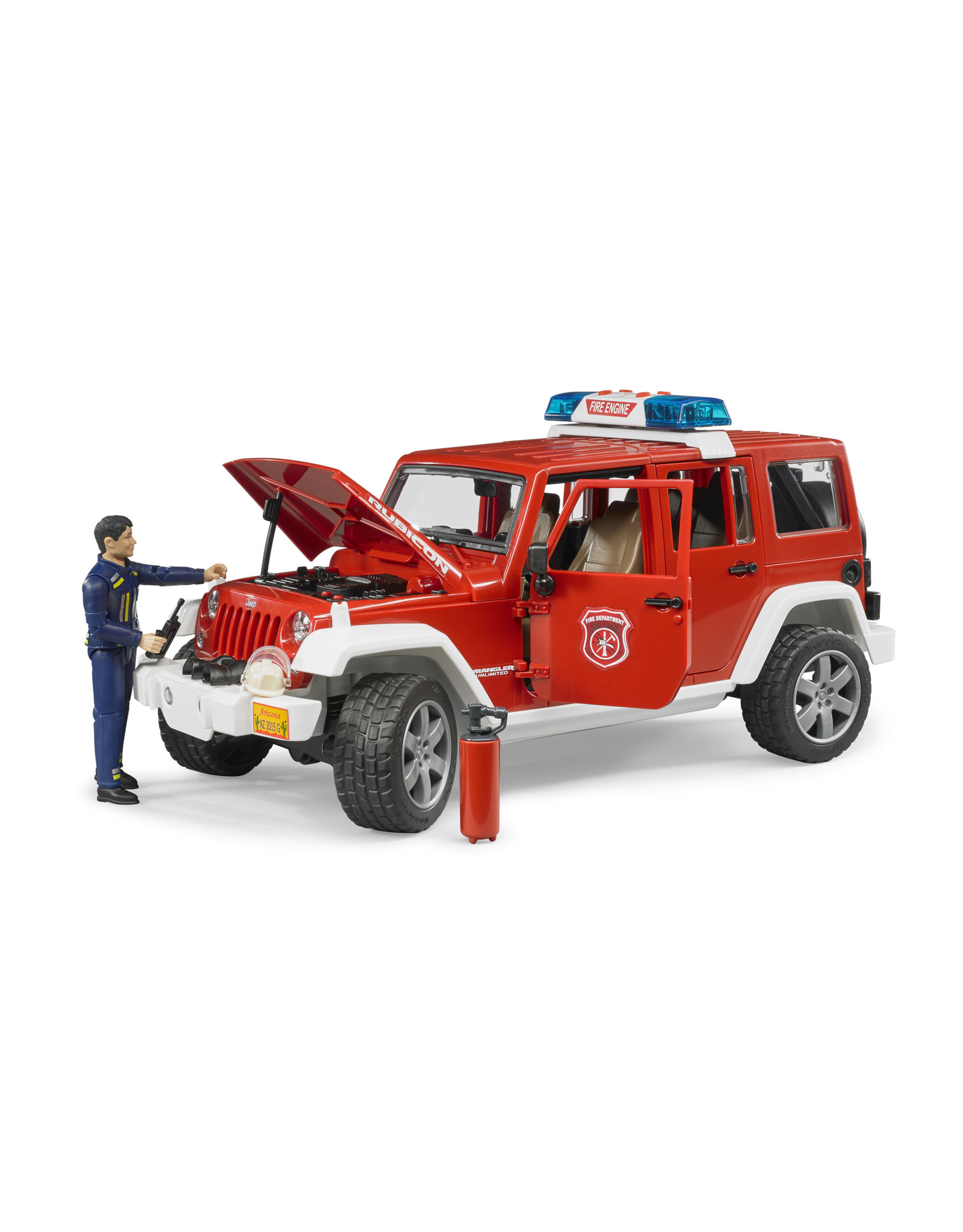 Bruder Bruder 02528 Jeep Wrangler Unlimited Rubicon Brandweerauto met Brandweerman (1:16) + Licht- en Geluidsmodule