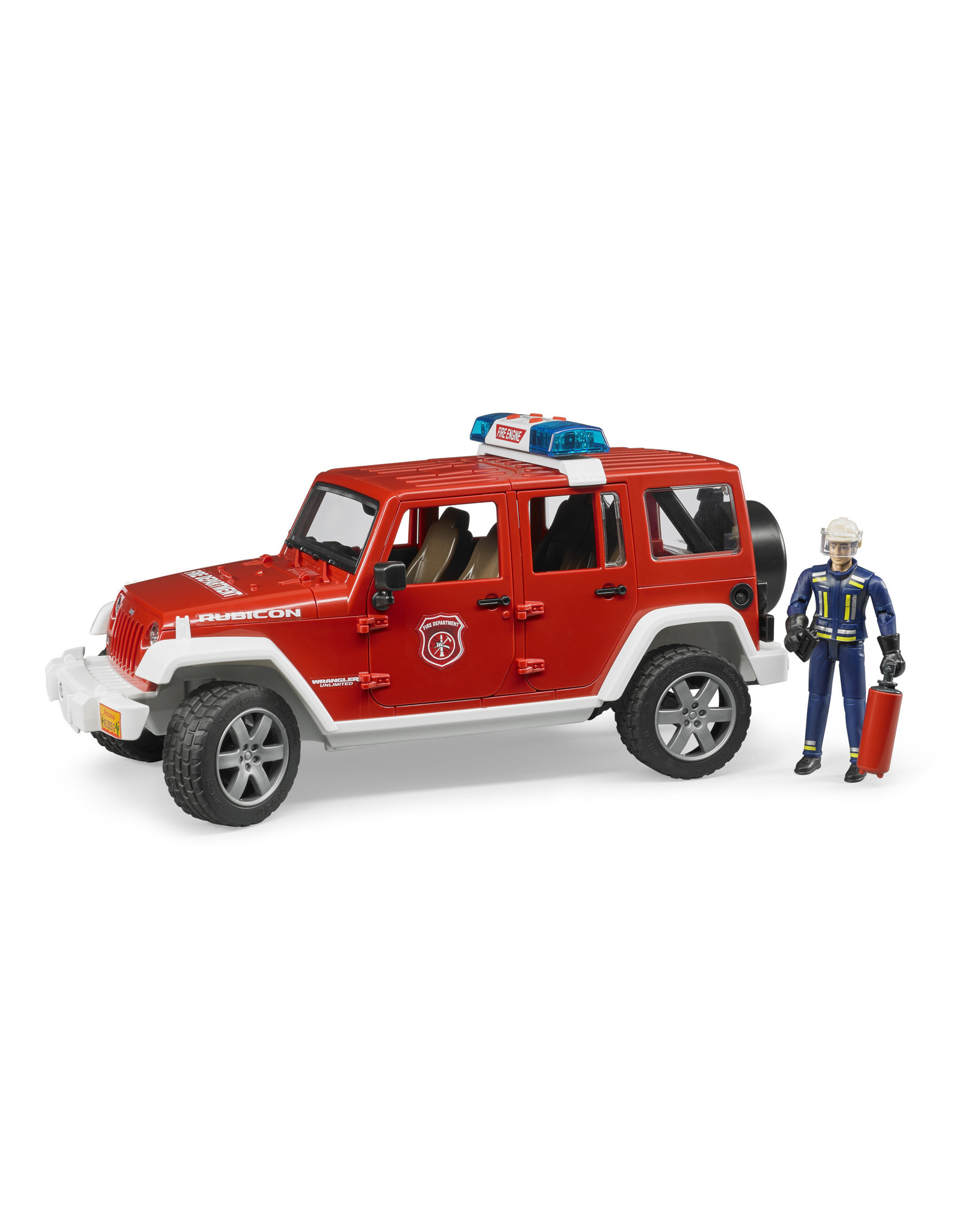 Bruder Bruder 02528 Jeep Wrangler Unlimited Rubicon Brandweerauto met Brandweerman (1:16) + Licht- en Geluidsmodule