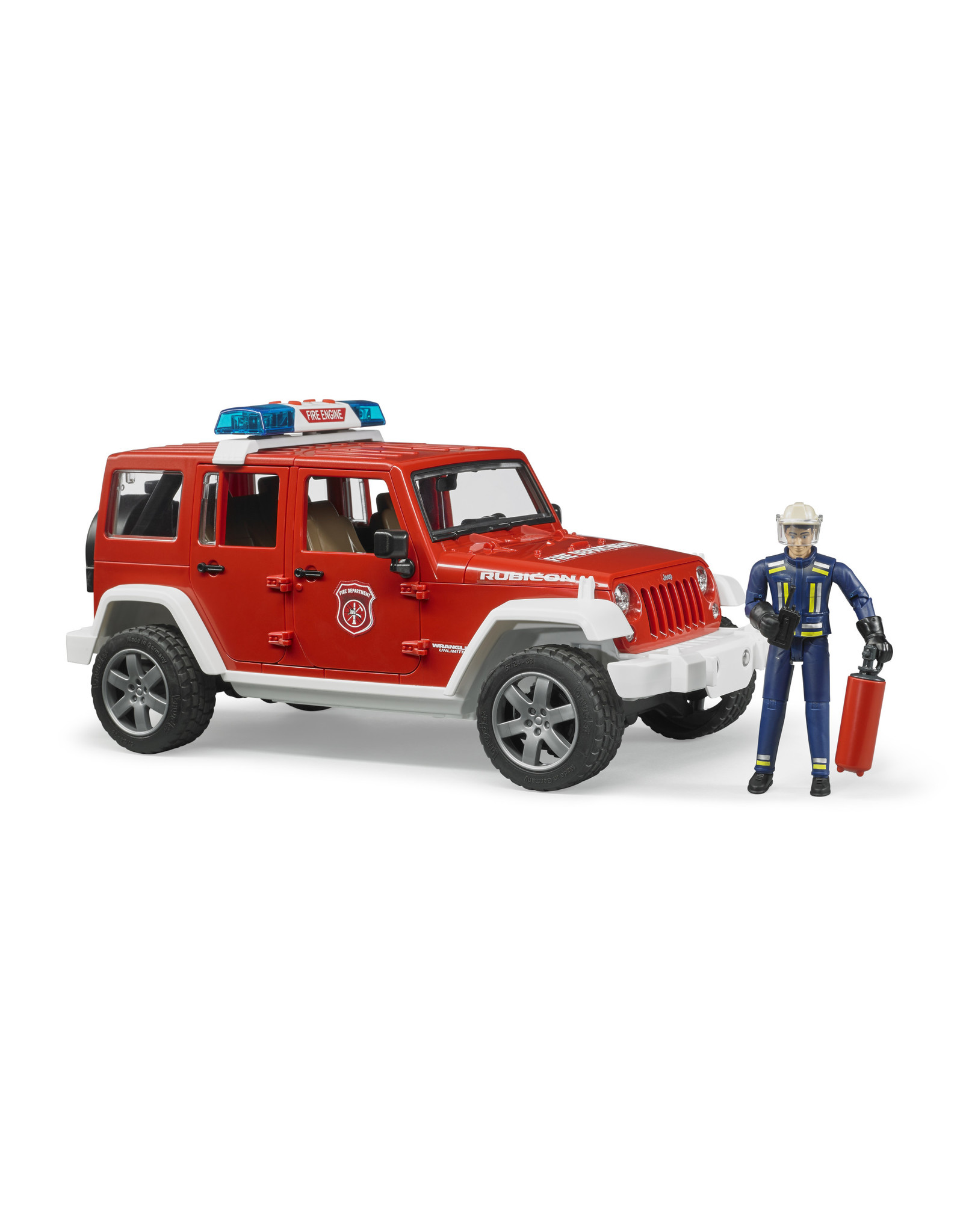 Bruder Bruder 02528 Jeep Wrangler Unlimited Rubicon Brandweerauto met Brandweerman (1:16) + Licht- en Geluidsmodule