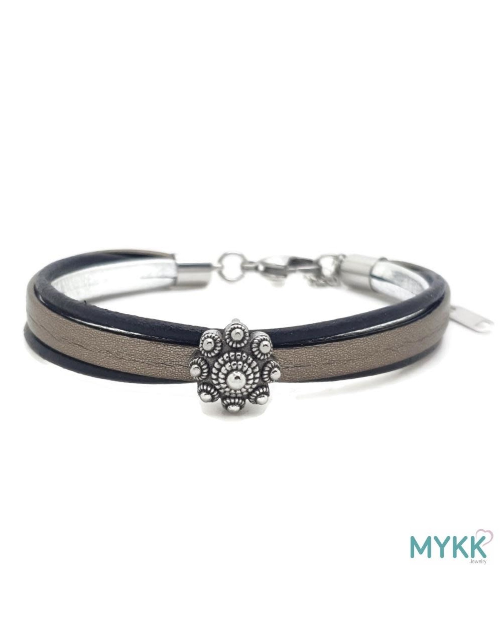 Mykk Zeeuwse Knop Armband  Leer Zwart, Zilver en Platinum