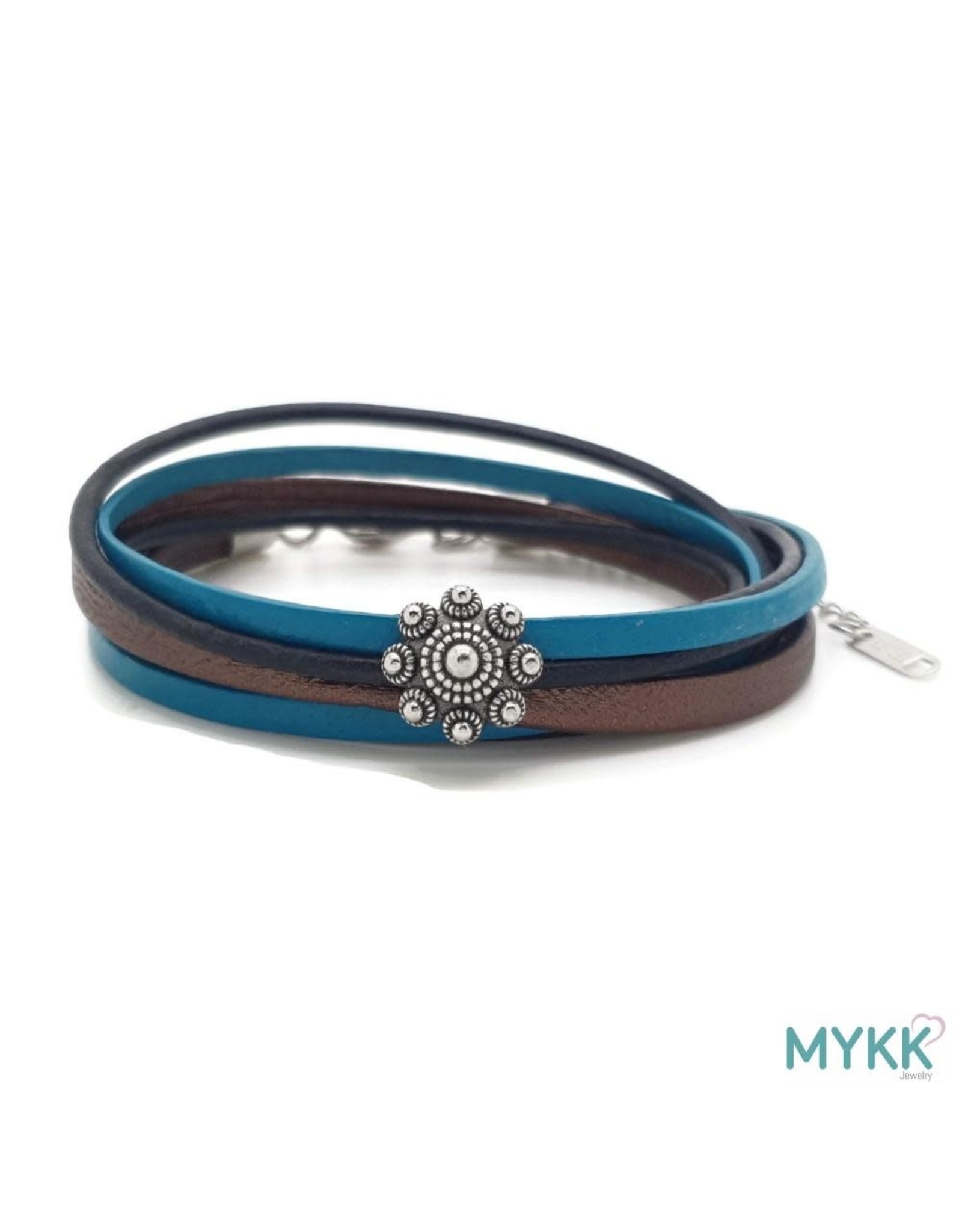 Mykk Zeeuwse Knop Armband Dubbel Zwart, Bruin en Turquoise Leer