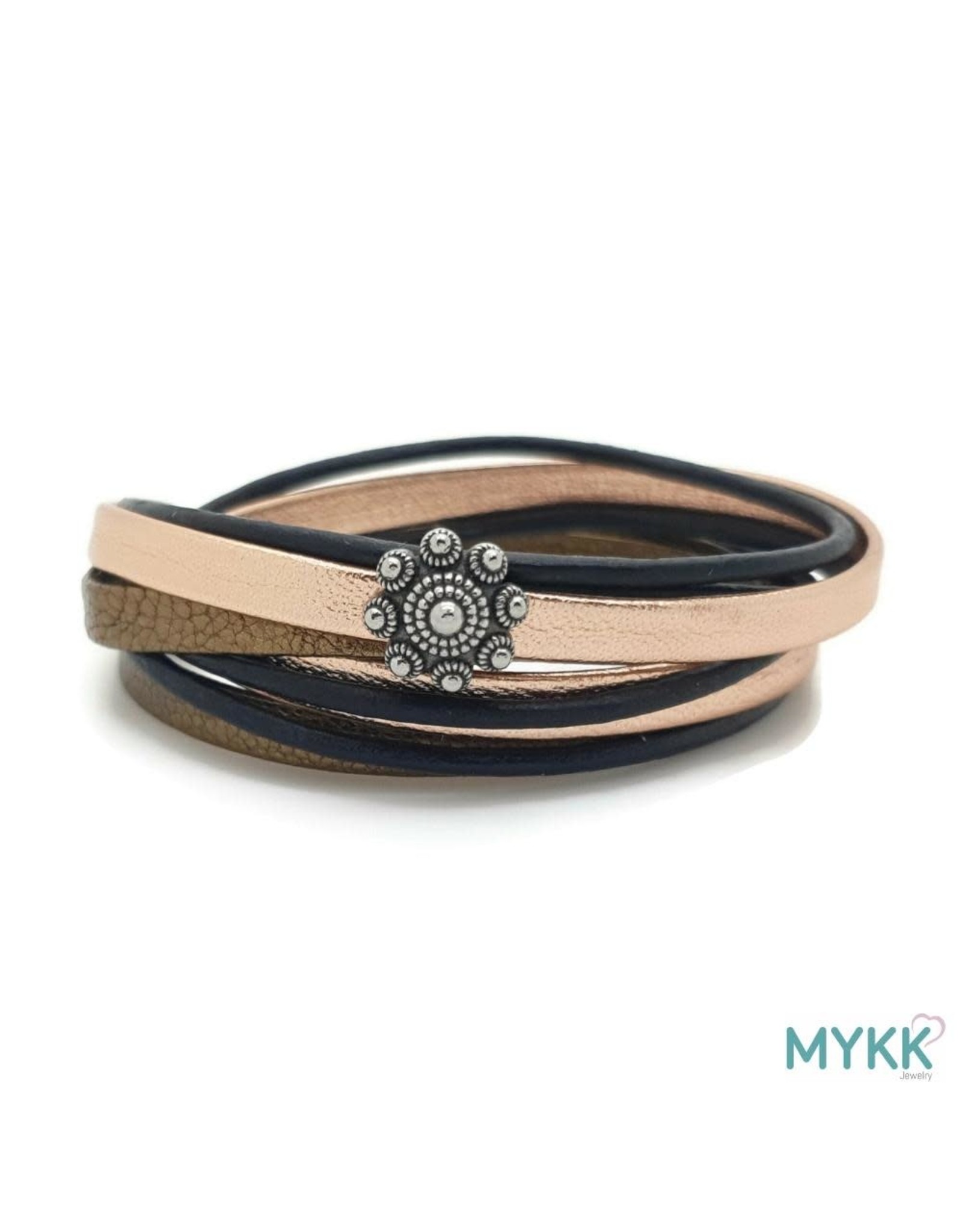 Mykk Zeeuwse Knop Armband  Dubbel Rosé Goud/Zwart Leer