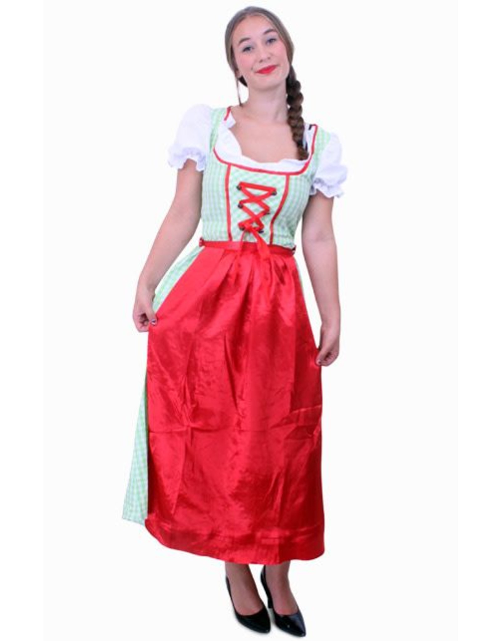 Tiroler jurk lang Sarah groen/wit ruitje, schortje rood