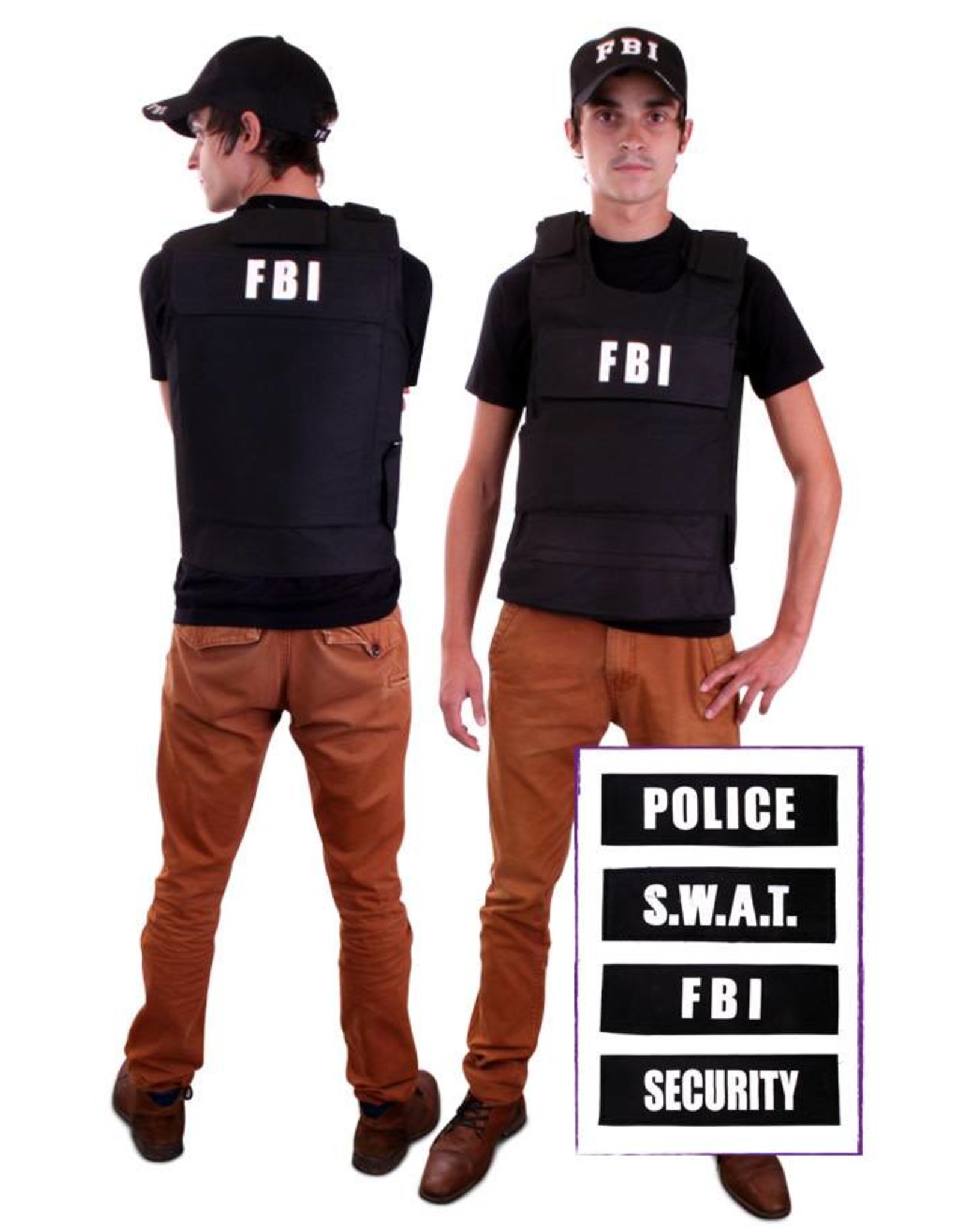 Kogelvrij vest + 4 badges (FBI, Security, Police, SWAT) one size