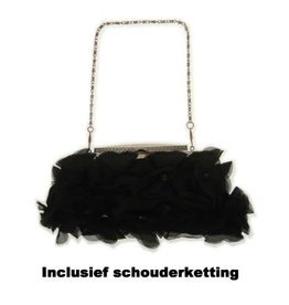 Handtas zwart+ruches+tule + korte en lange ketting