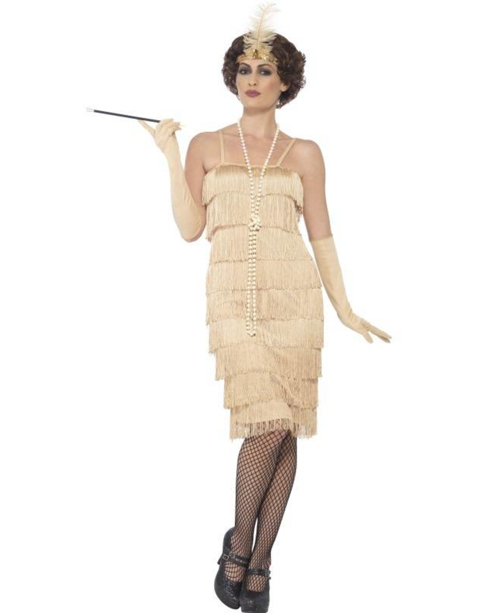 Lange Flapper jurk Goud - De verkleedzolder, voor al feestartikelen, accessoires, verhuur en verkoop van kleding, feestkleding en kostuums voor uw themafeest of gala.