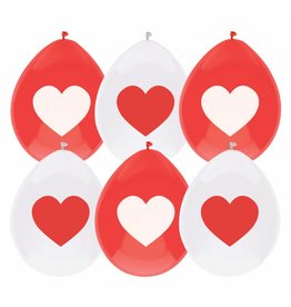 Ballonnen Hart, Rood/Wit (30 cm, 6 stuks)