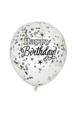 Glitter Ballon Happy Birthday met Confetti, Zwart, Goud (30 cm, 6 stuks)