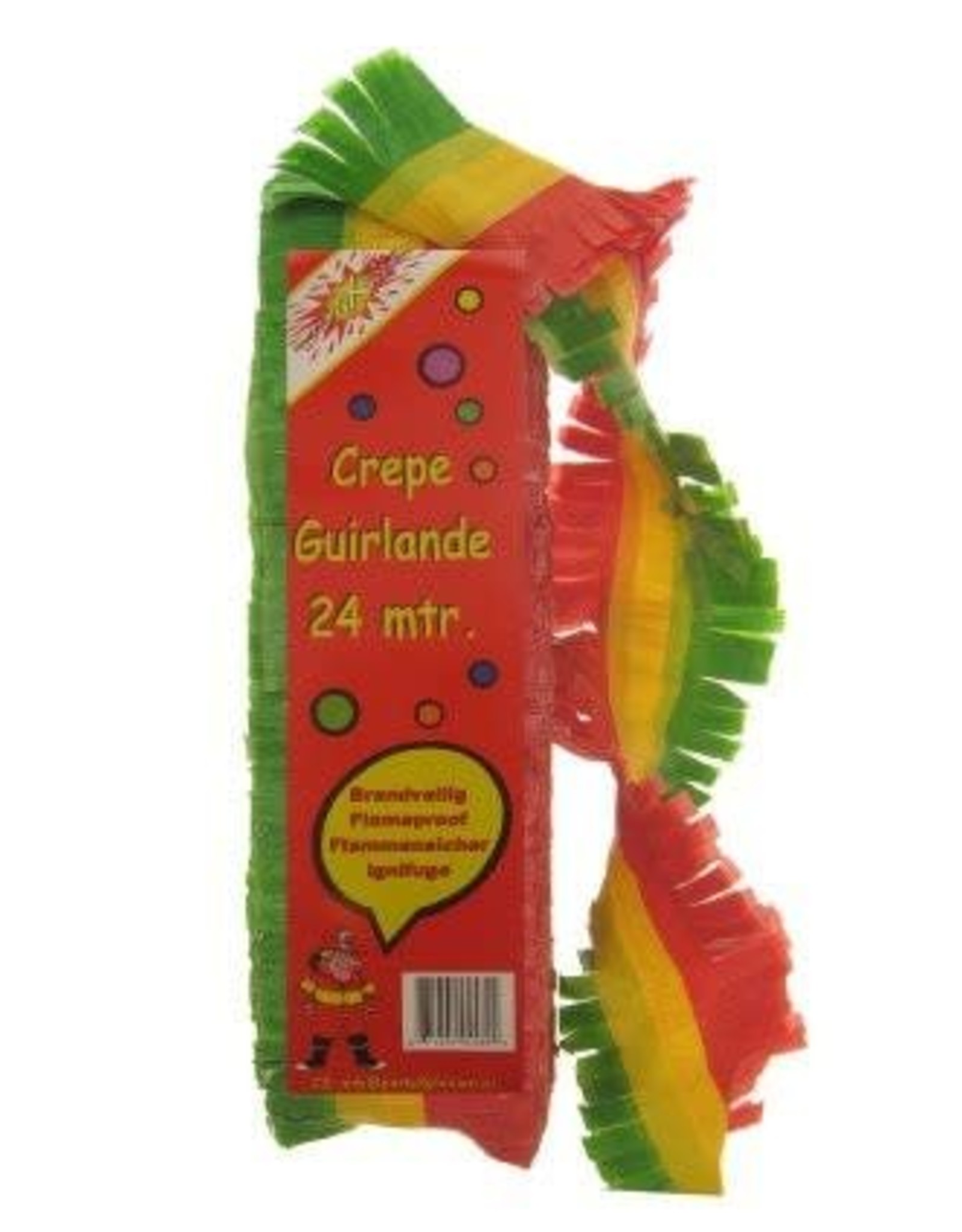 Crepe guirlande brandveilig rood/geel/groen 24m bedrukt.