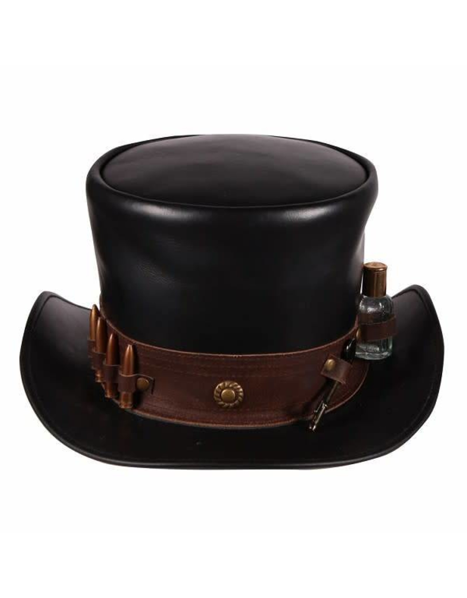 Hoge hoed leer "Steampunk" , Zwart verkleedzolder, voor al uw feestartikelen, accessoires, verhuur en verkoop van kleding, feestkleding en kostuums voor uw themafeest