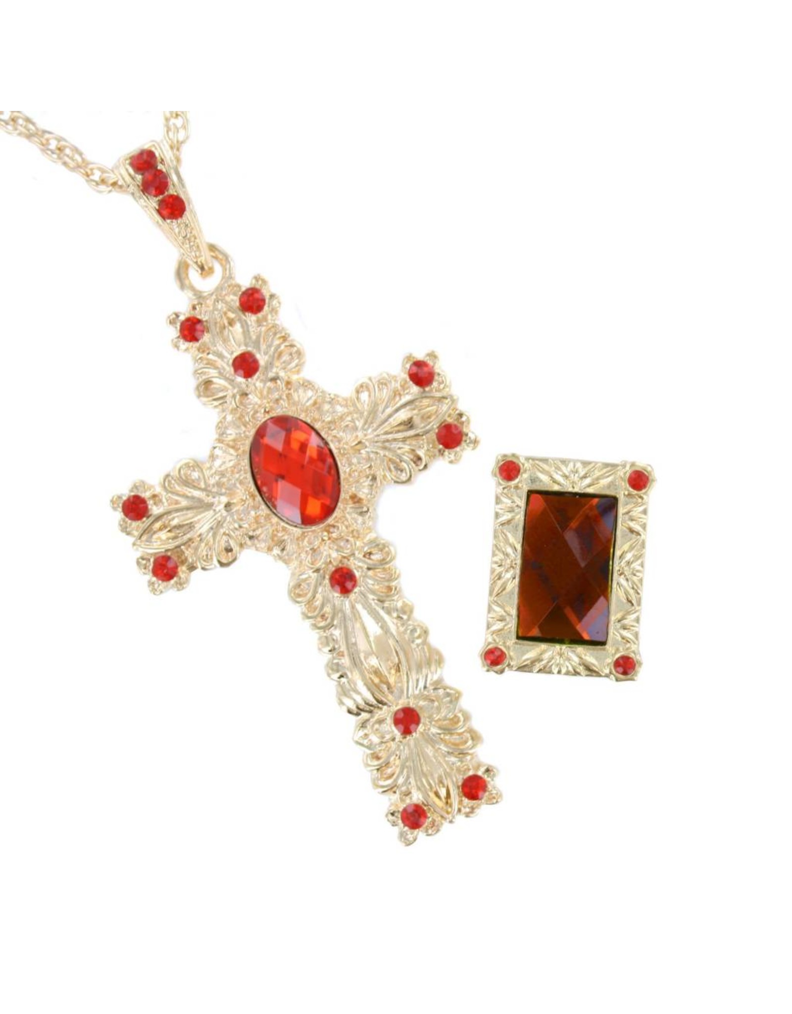 Sinterklaas, Kruis met ketting en ring luxe (set), Goud-Rood