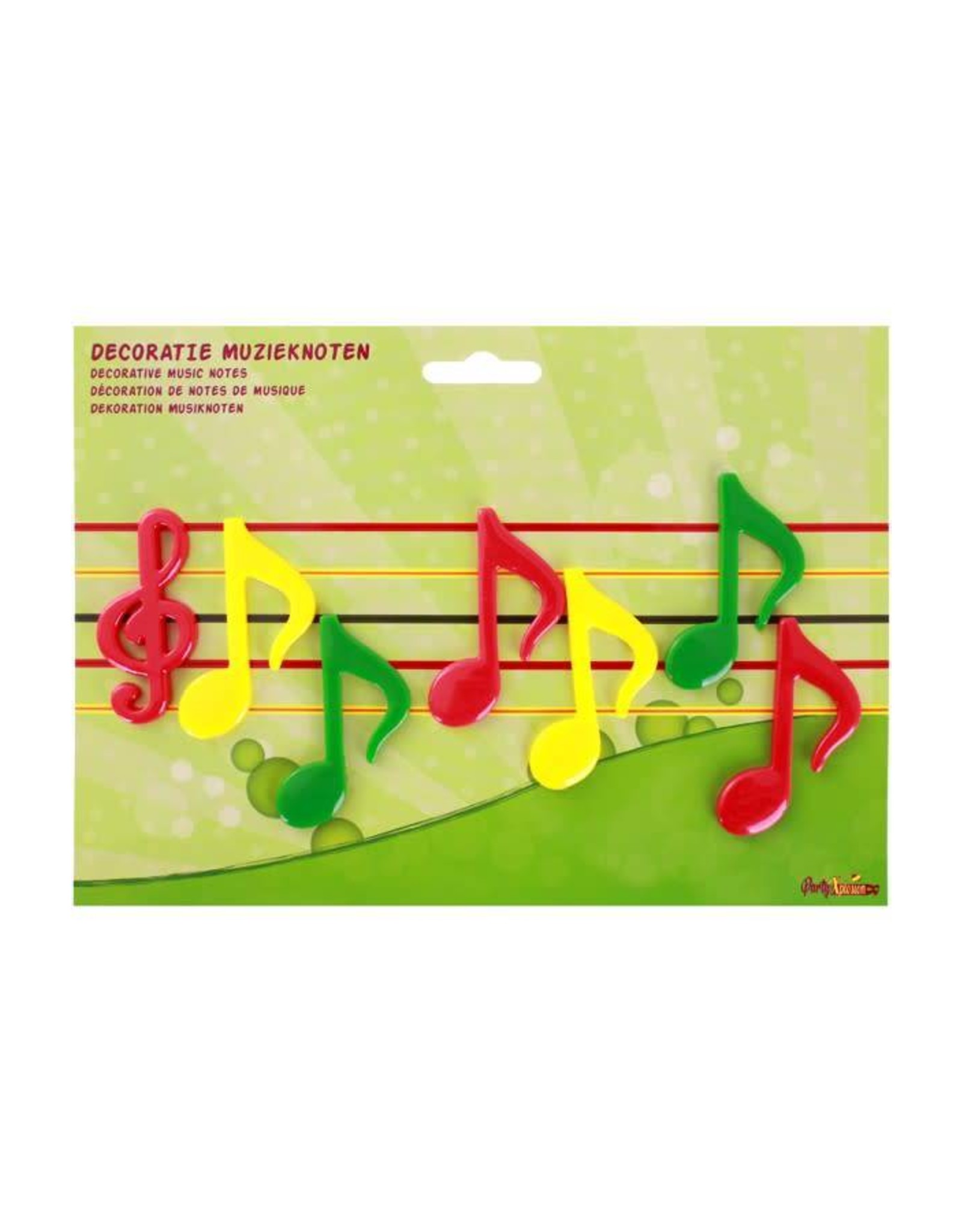 Kunststof muzieksleutel en noten rood/geel/groen op kaart