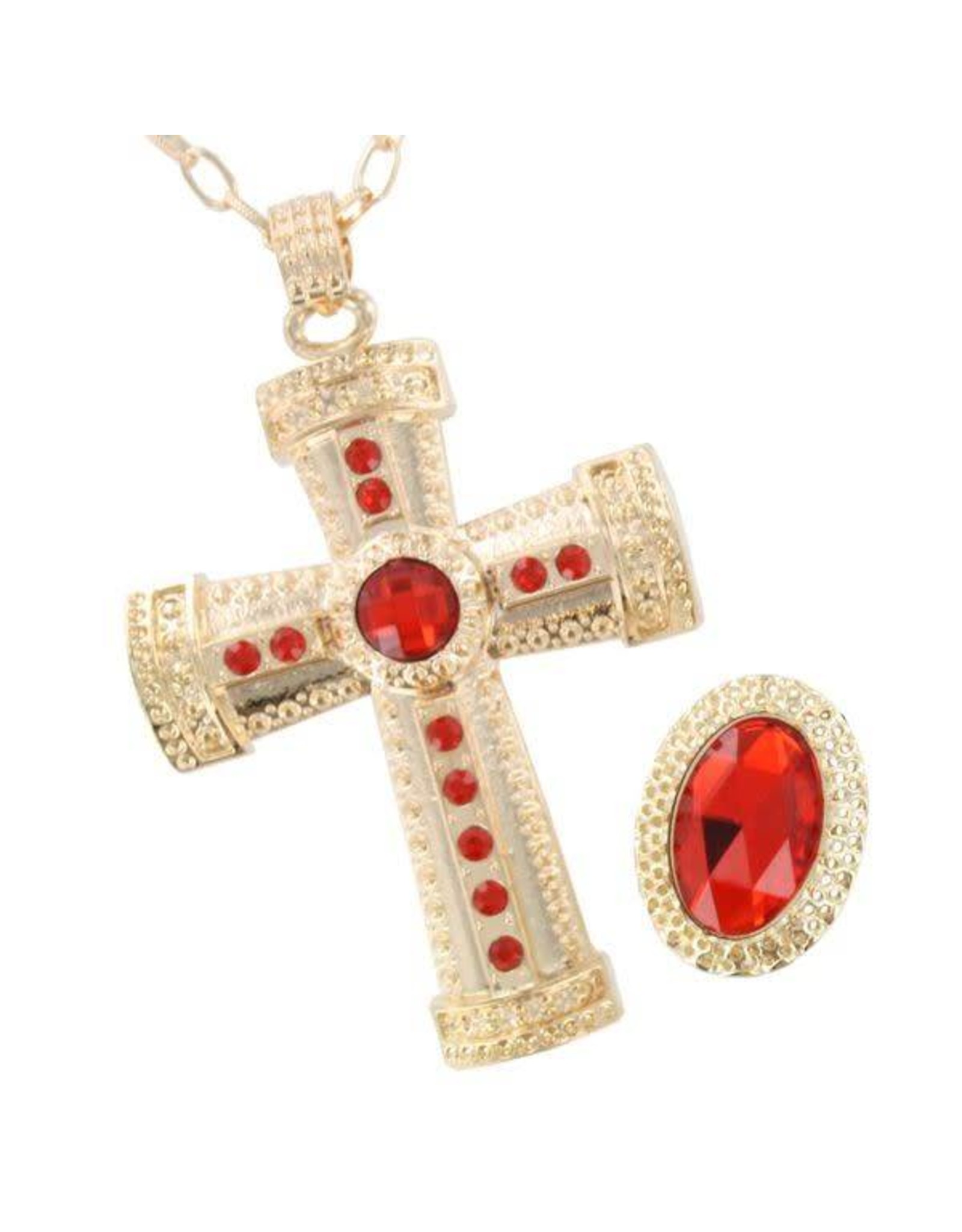 Sinterklaas, Kruis met ketting en ring luxe (set), Goud-Rood