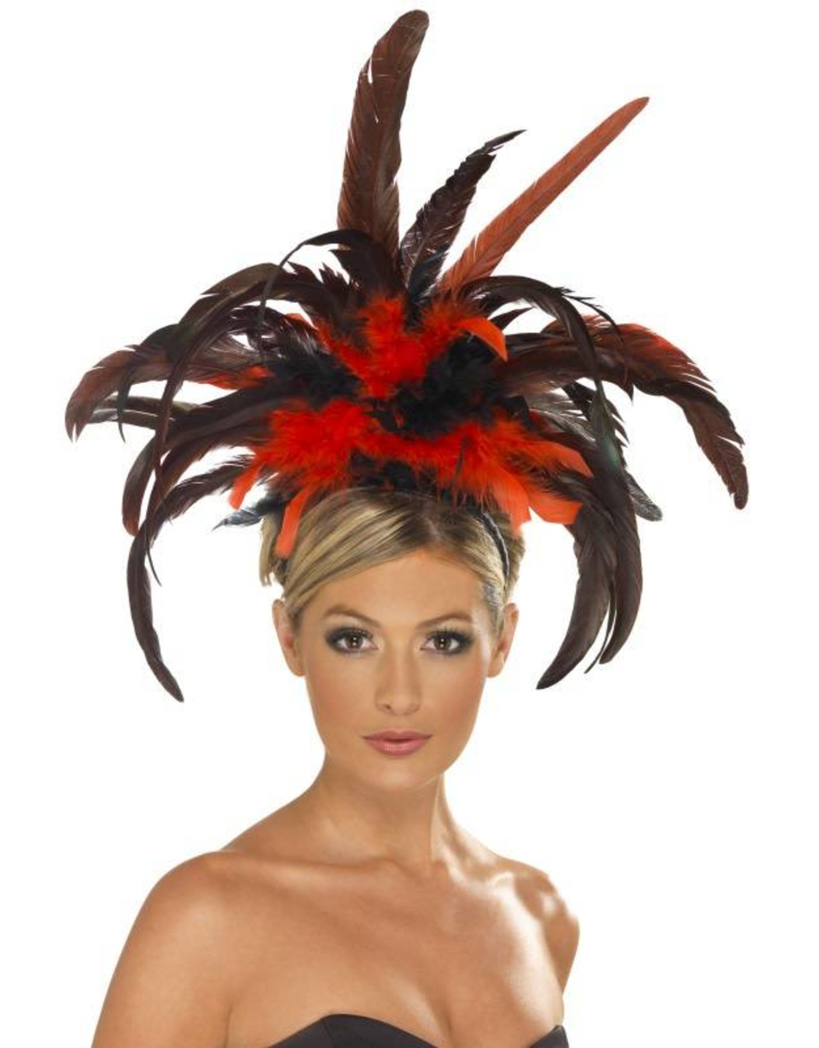 Burlesque Diadeem, zwart/rood, met veren