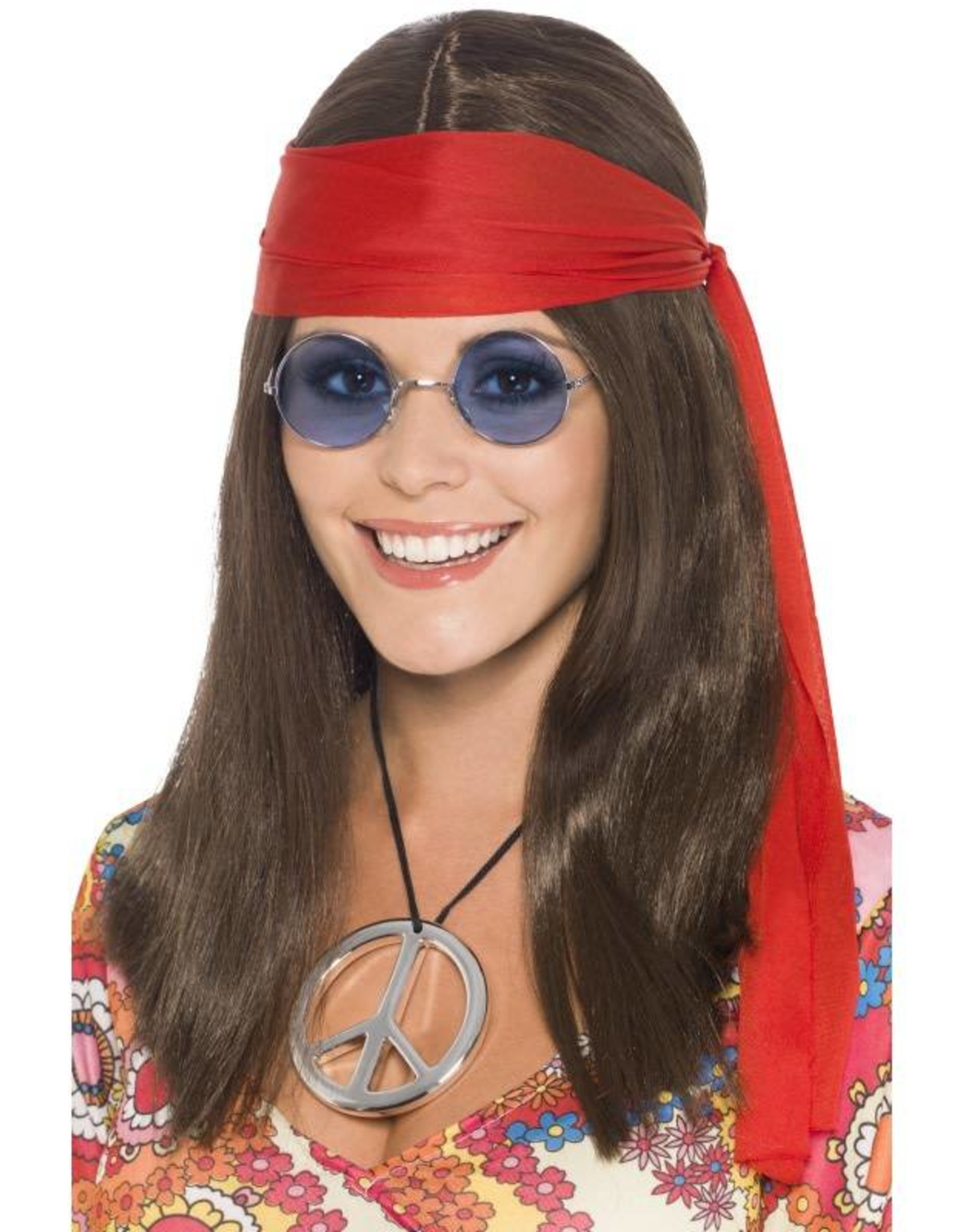 Hippie Chick Set, bruin, met pruik, bril, hanger en haarband