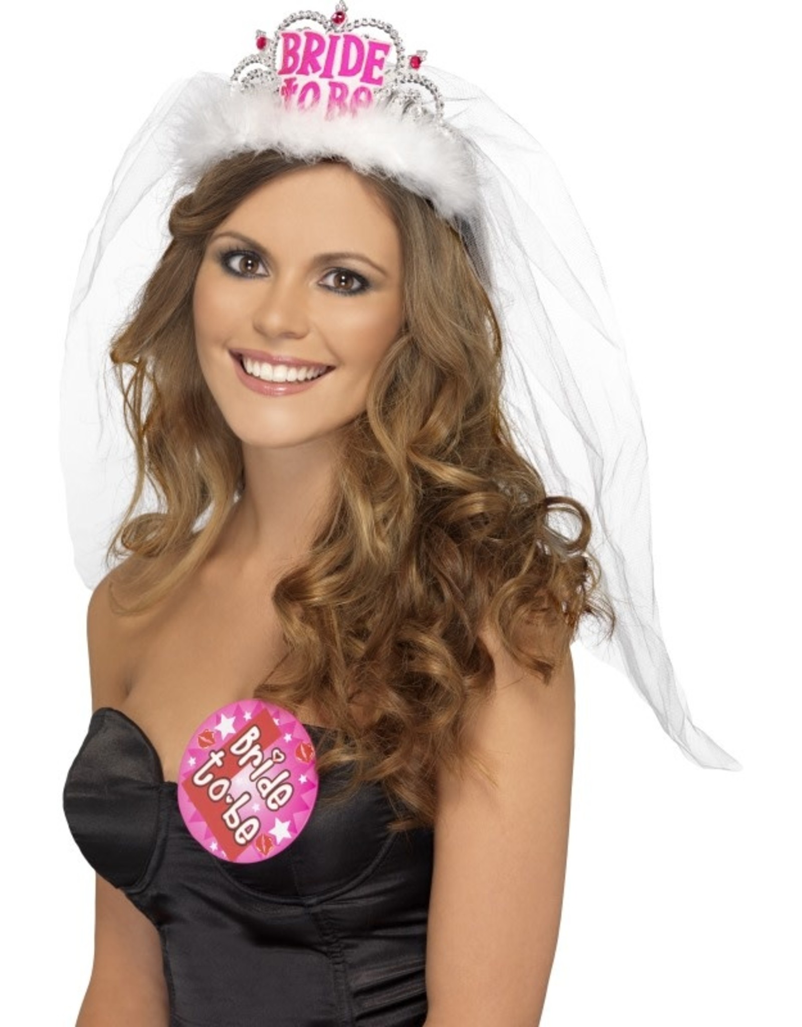 Bride to be Tiara met sluier, wit, met roze letters