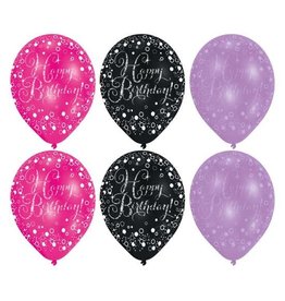 Ballonnen Sparkling Pink Happy Birthday (28 cm, 6 stuks)