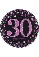 Bordjes Sparkling Pink 30 jaar (23 cm, 8 stuks)