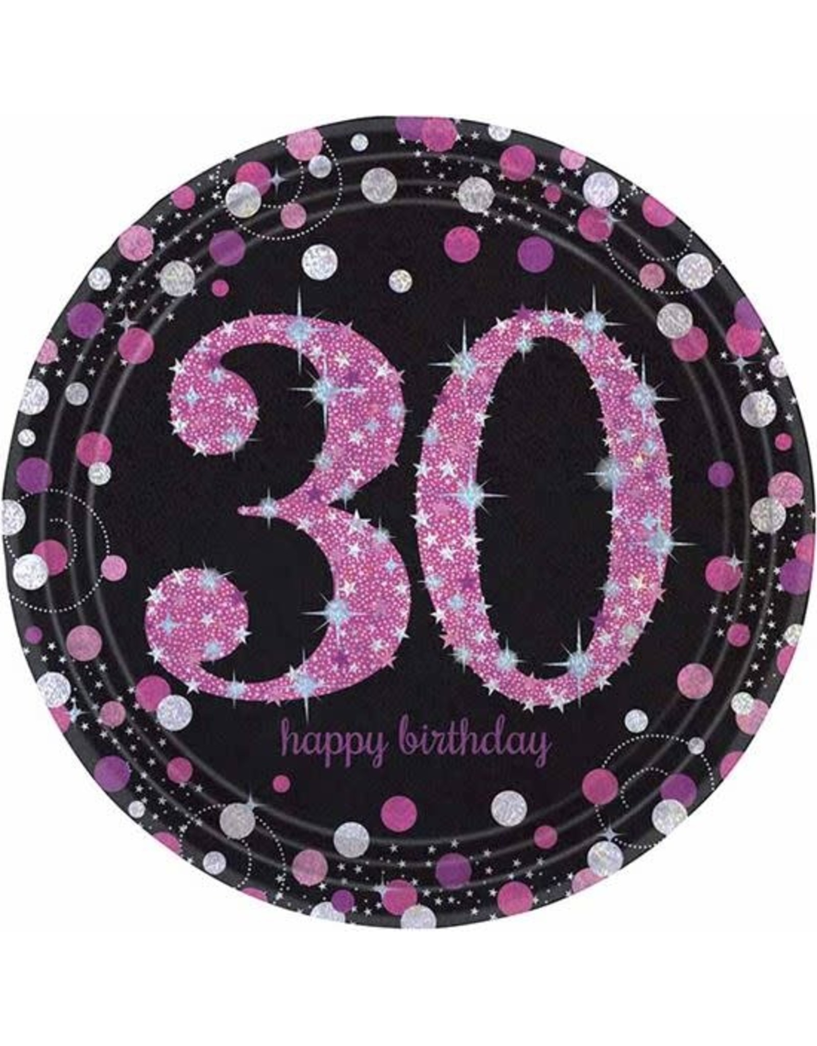 Bordjes Sparkling Pink 30 jaar (23 cm, 8 stuks)