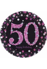 Bordjes Sparkling Pink 50 jaar (23 cm, 8 stuks)