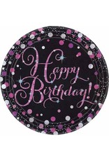 Bordjes Sparkling Pink Happy Birthday (23 cm, 8 stuks)