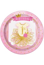 Bordjes Pink/Goud 1ste Verjaardag (23 cm, 8 stuks)